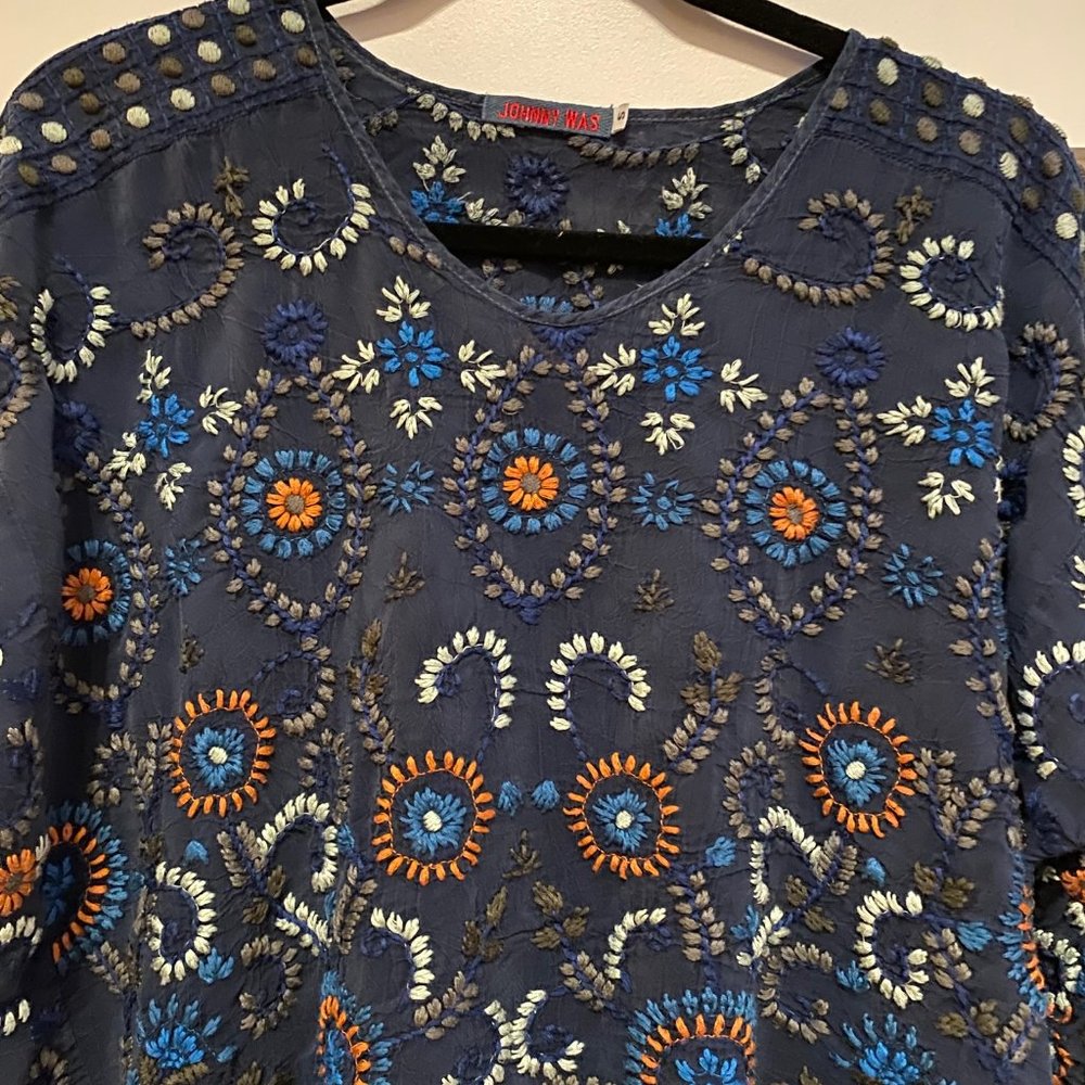Johnny Was Blue Embroidered Blouse S
